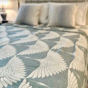 Luxury Bedspread King Organic Muslin Quilted Crinkle  2 Side FLiPSiDE Teal Crane
